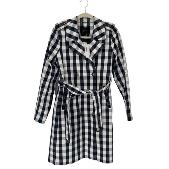NWT J. Crew Navy Blue Icon Belted Trench in Oversized Gingham Plaid size 4 - Picture 2 of 8